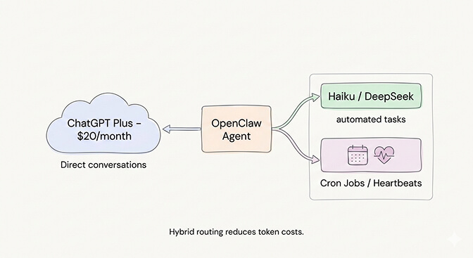 ChatGPT OAuth hybrid setup showing flat-rate conversations plus cheap API heartbeats and cron jobs