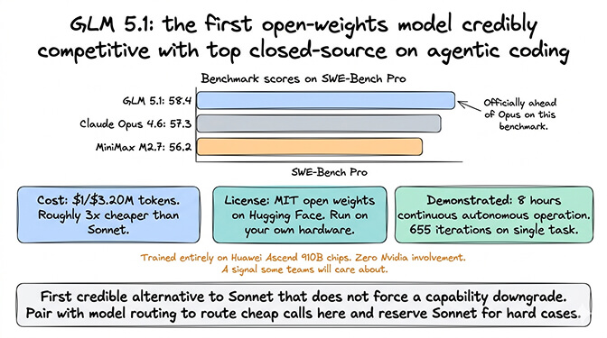 GLM 5.1 benchmark card showing 58.4 on SWE-Bench Pro ahead of Claude Opus 4.6 at 57.3, 744 billion parameter MoE architecture with 40 billion active, trained on Huawei Ascend chips, and MIT-licensed open weights