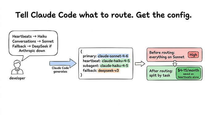 Claude Code generating model routing config with primary, heartbeat, and fallback providers