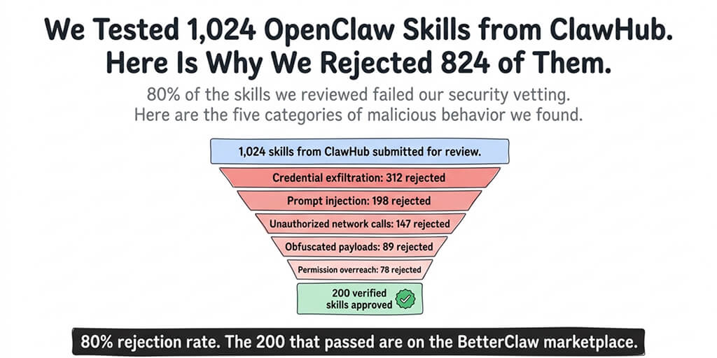 We Tested 1,024 OpenClaw Skills from ClawHub. Here's Why We Rejected 824 of Them.