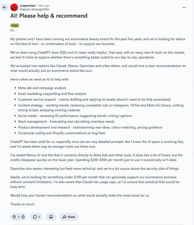 Ecommerce brand owner juggling multiple AI tabs with ChatGPT, Claude, and Manus AI for different business workflows