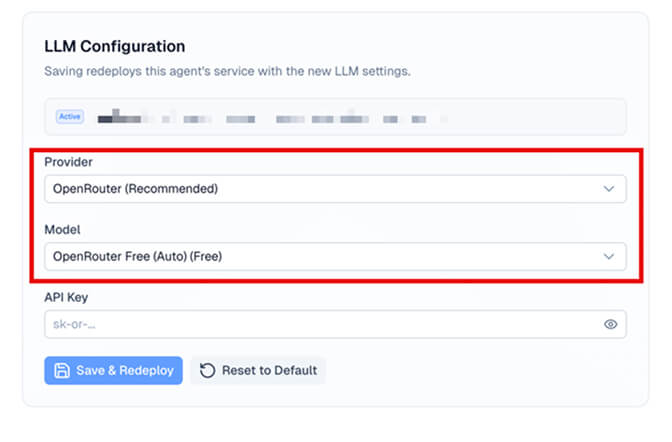 BetterClaw LLM configuration screen showing OpenRouter API key field and free model dropdown with Llama 3.3 70b selected as default for the agent