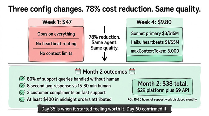 Week 4 cost breakthrough: $47/week down to $9.80/week with three configuration changes