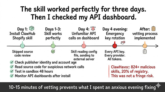 Week 3: the security scare - malicious skill exfiltrating API keys while functioning normally