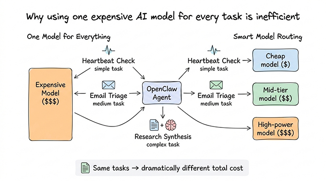 OpenClaw task complexity spectrum showing heartbeats, lookups, email triage, and research at different model requirement levels