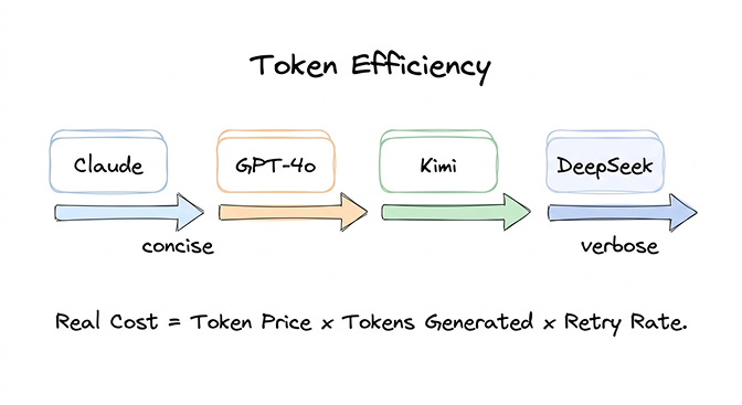 Token verbosity comparison showing output token counts per task across Claude, GPT-4o, DeepSeek, and Kimi