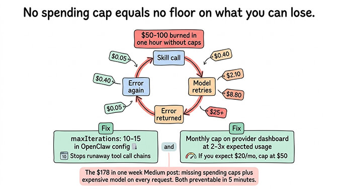 Spending cap configuration: maxIterations, provider dashboard caps, and the runaway loop problem