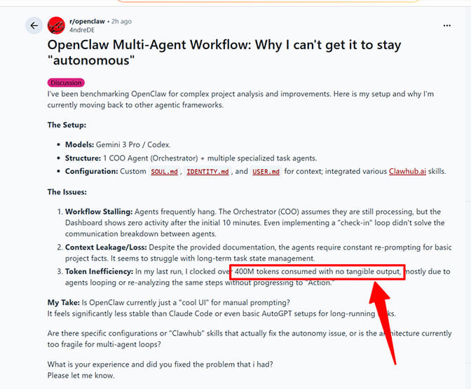 Developer dashboard showing 400 million tokens consumed by OpenClaw multi-agent workflow with zero tangible output