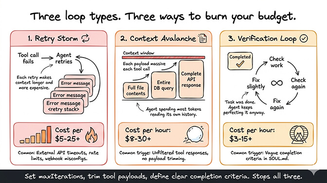 Three loop patterns compared: retry storm, context avalanche, and verification loop with cost impact