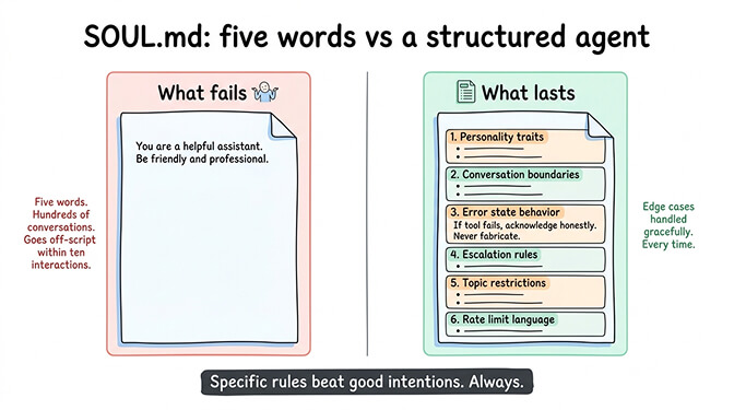 Side-by-side comparison of a minimal SOUL.md vs a structured SOUL.md with labeled sections