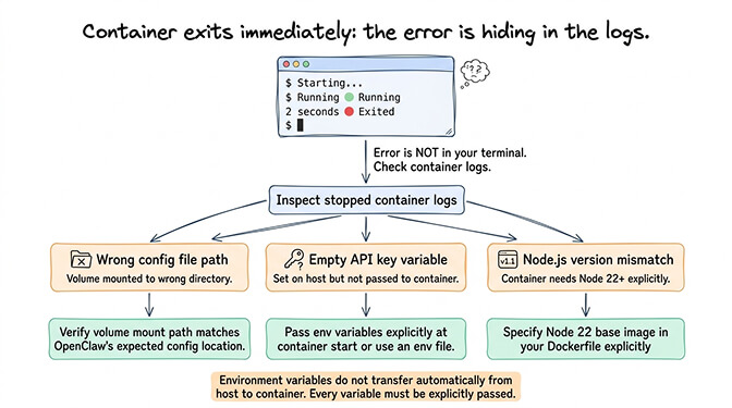 Container exits immediately: checking logs to find the actual startup error