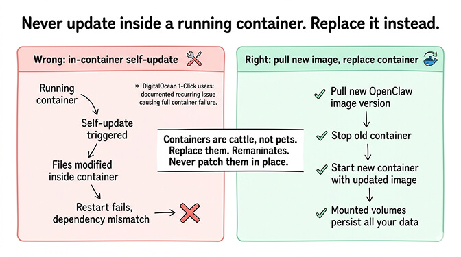 The correct Docker update flow: pull new image, stop old container, start new container