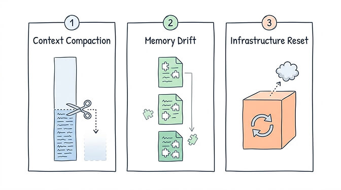 Three failure modes of OpenClaw memory: context compaction, memory file drift, and infrastructure resets
