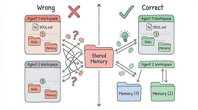 Diagram showing correct vs incorrect memory isolation - separate containers with isolated volumes versus shared workspace contamination