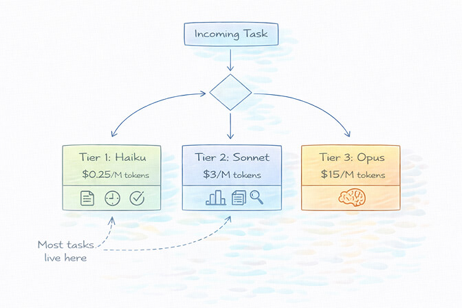 OpenClaw cost optimization playbook showing three-tier model routing from Haiku to Sonnet to Opus based on task complexity