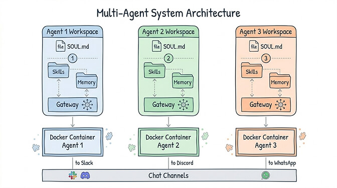 Architecture diagram showing three isolated OpenClaw agents with separate workspaces, memory stores, and channel bindings communicating through a shared message bus