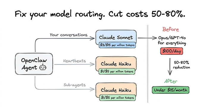OpenClaw model routing configuration showing primary, heartbeat, and subagent model tiers
