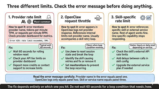 OpenClaw rate limit sources diagram showing provider RPM/TPM limits, internal loop throttle, and skill-specific API limits