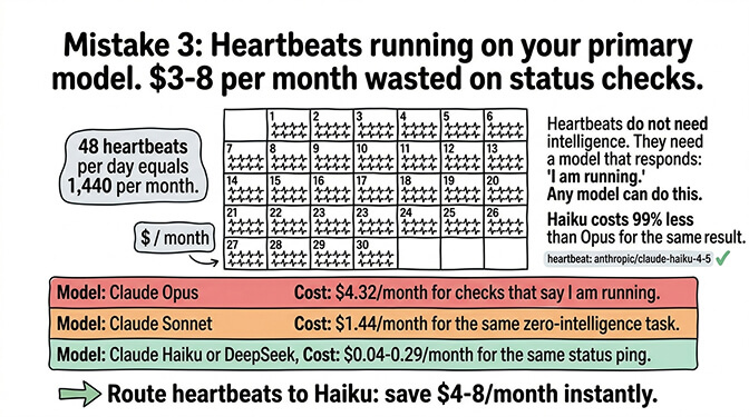 Mistake 3: 48 daily heartbeat checks at $4.32/month on Opus versus $1.44/month on Sonnet versus $0.29/month on Haiku, with Haiku or DeepSeek as the recommended heartbeat-only model