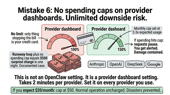 Mistake 6: Provider dashboards for Anthropic, OpenAI, DeepSeek, and Google with monthly spending cap fields set at 2-3x expected usage to prevent unlimited downside risk