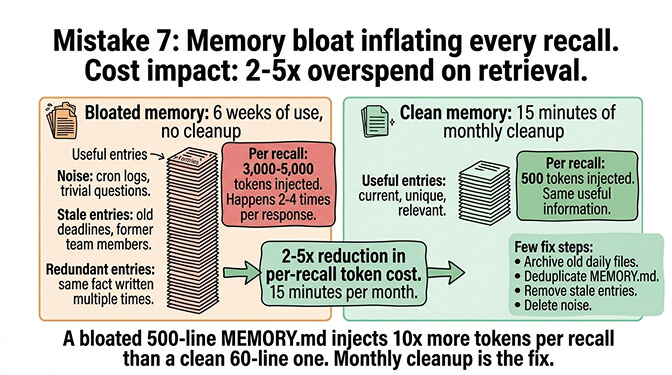 Mistake 7: Bloated MEMORY.md with 500 lines injecting 3,000-5,000 tokens per recall versus a clean 60-line file at 500 tokens, with monthly cleanup as the fix