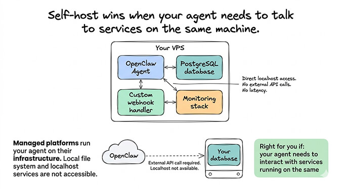 Self-hosting OpenClaw scenario 2 showing OpenClaw co-located with PostgreSQL, webhooks, and monitoring on one VPS