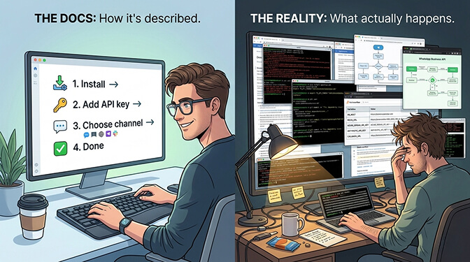 OpenClaw channel setup showing Telegram, WhatsApp, and Slack authentication flows