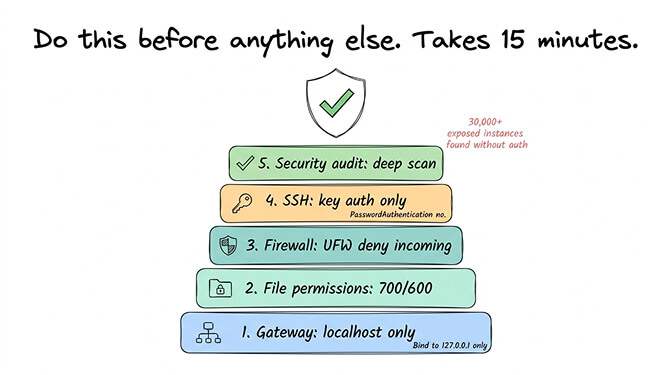 Terminal showing OpenClaw security audit output with gateway binding and firewall configuration