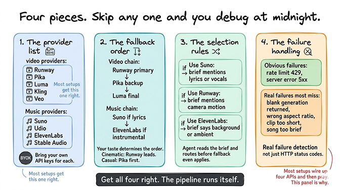 Four pieces of a media generation setup shown as a stack: provider list, fallback order, selection rules, and failure handling