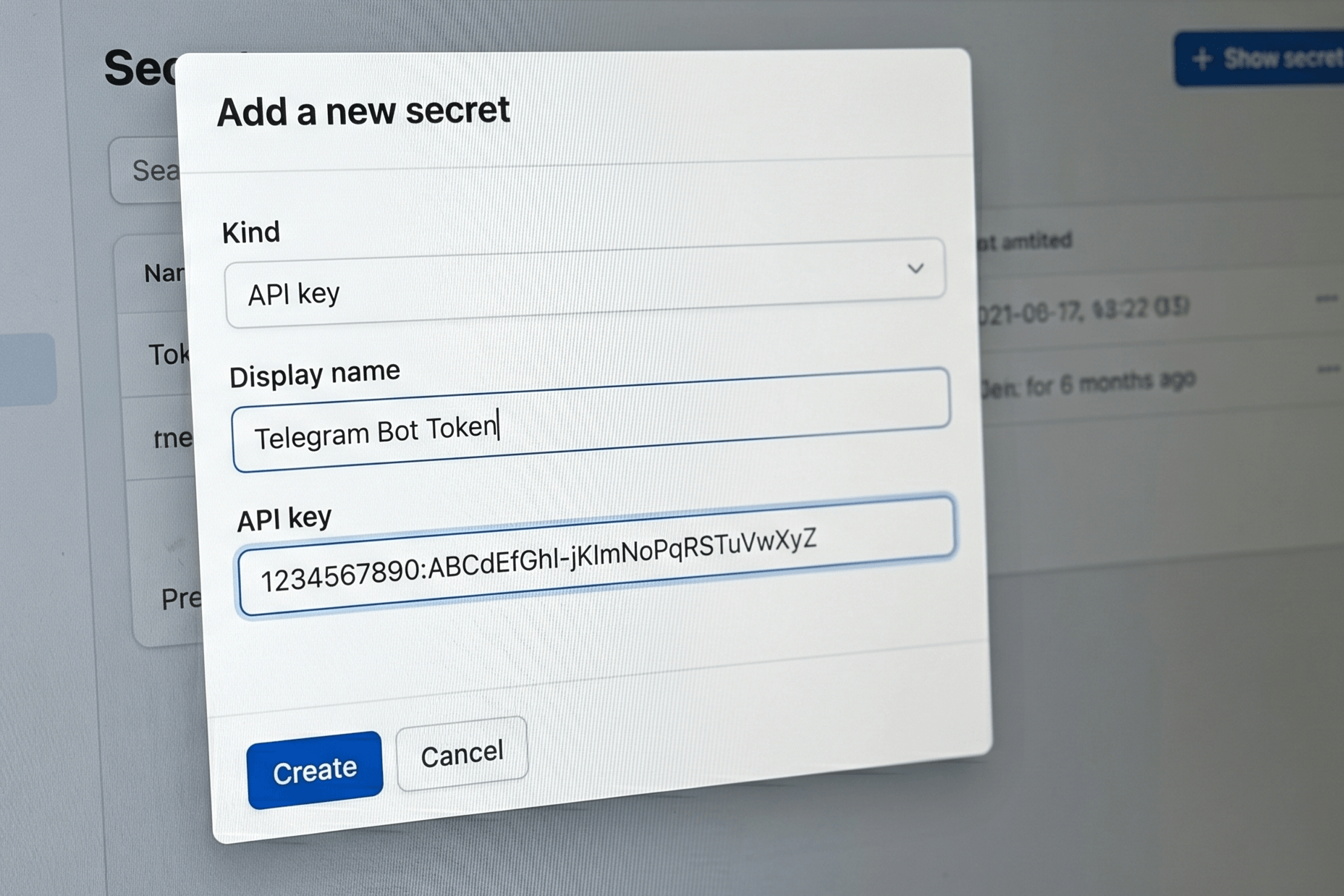 BetterClaw Secrets page showing the newly added Telegram Bot Token entry
