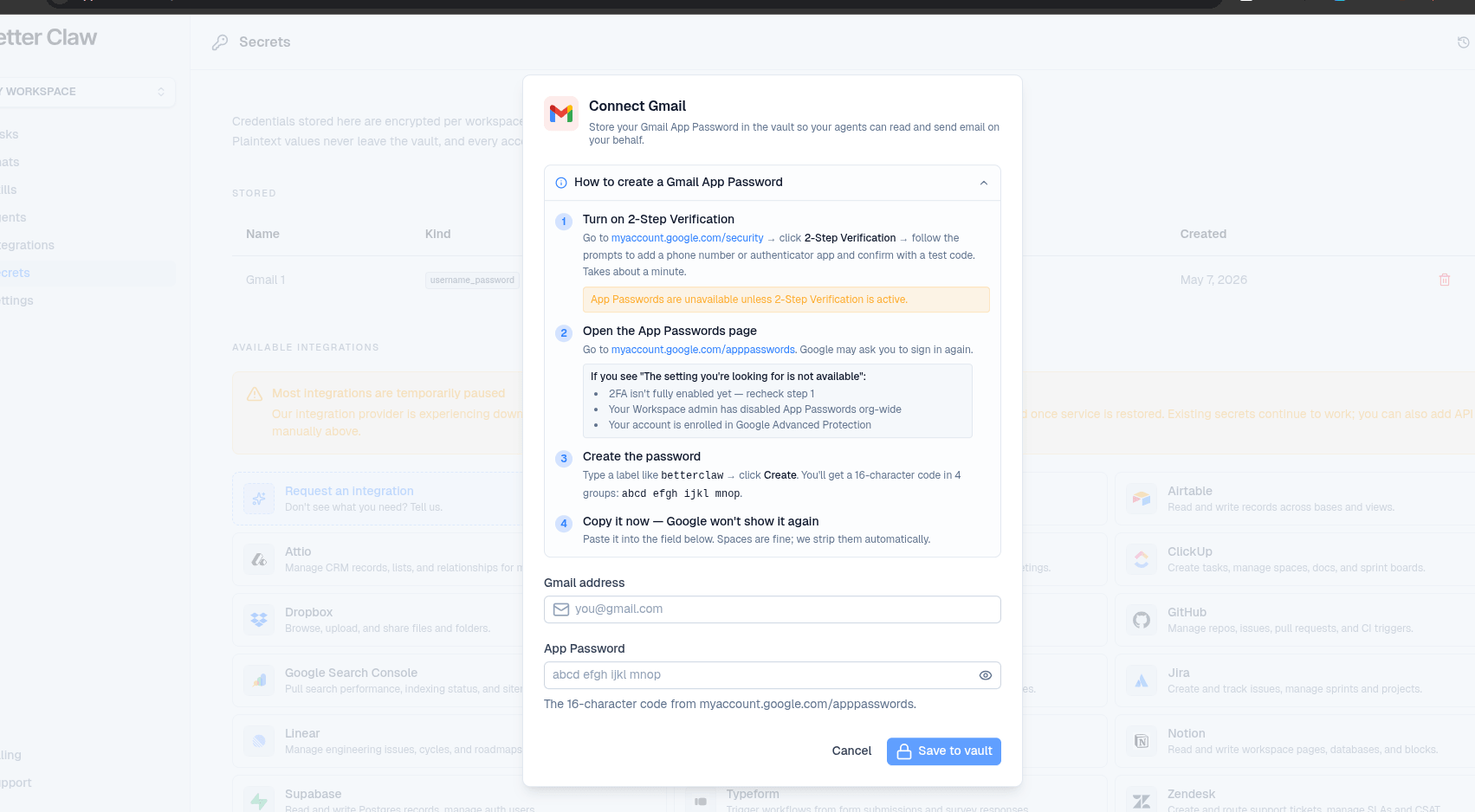 Connect Gmail dialog in BetterClaw with Gmail Address and App Password fields