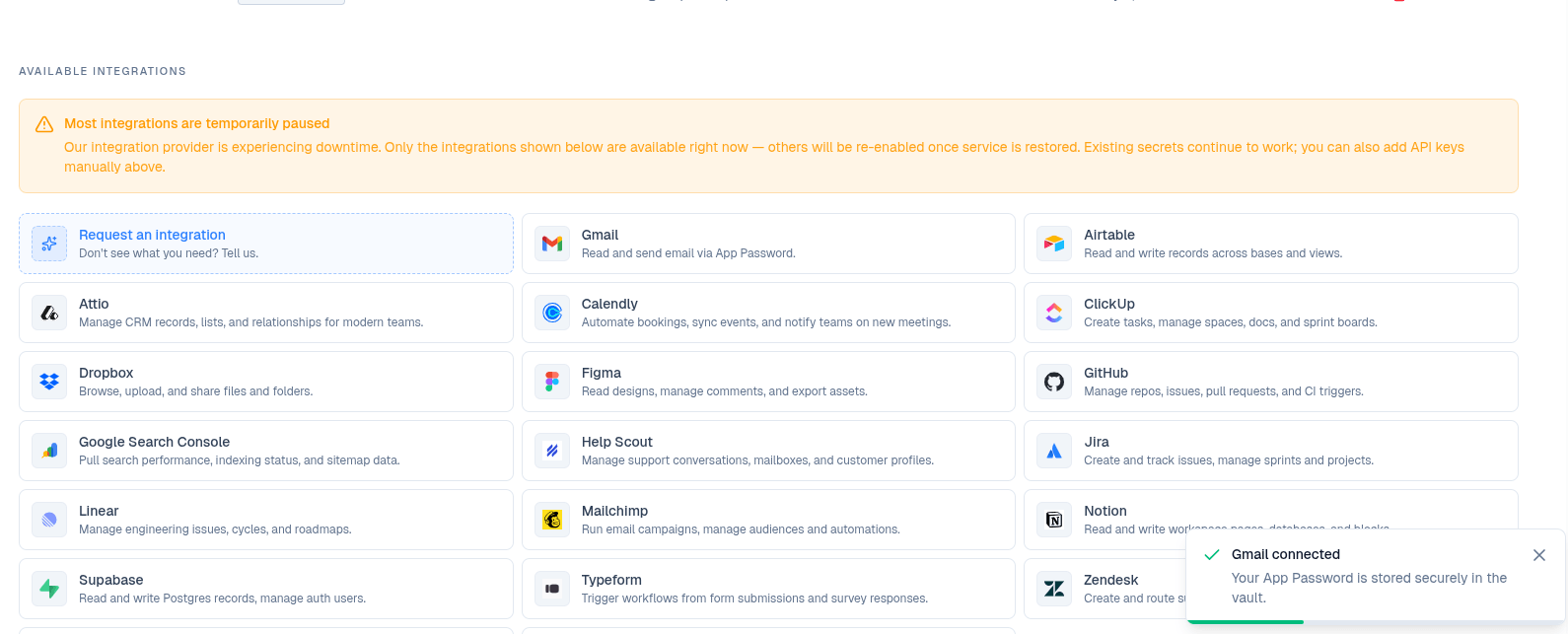 Confirmation toast showing Gmail connected and App Password stored in the vault