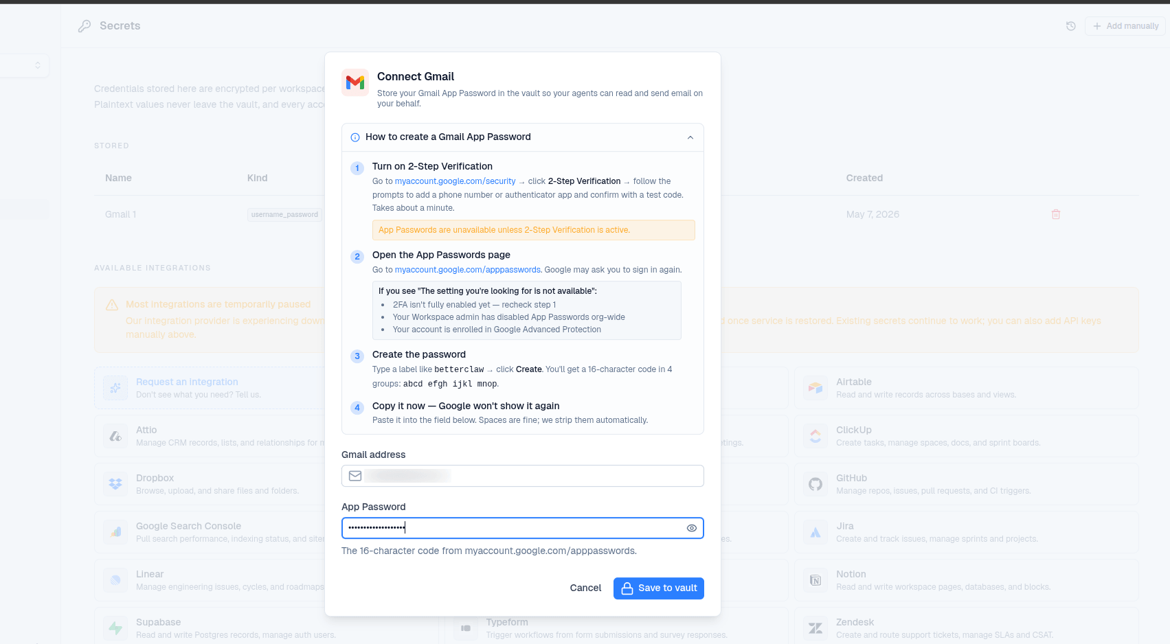 Connect Gmail dialog filled in with Gmail address and App Password ready to save