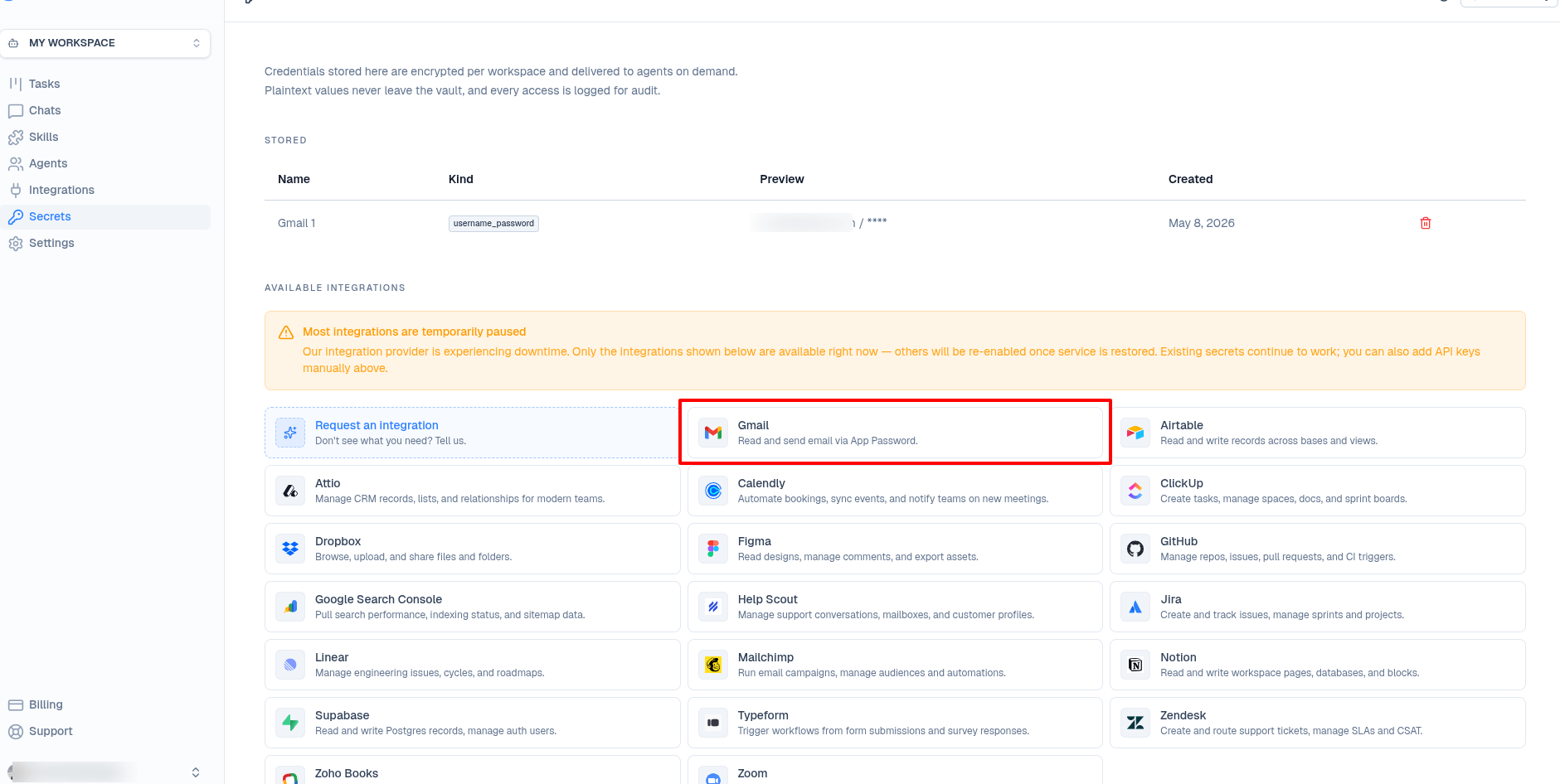 BetterClaw Secrets page showing Available Integrations with Gmail card