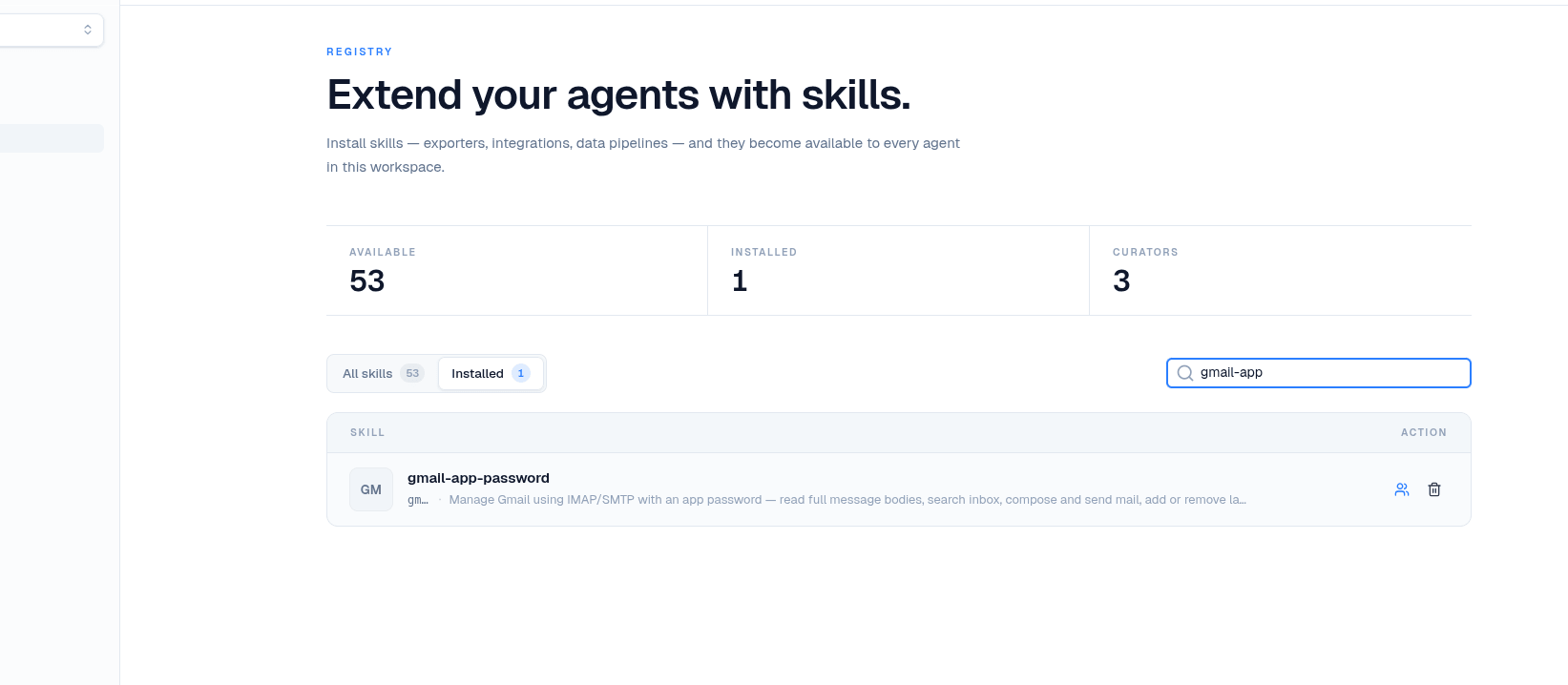 BetterClaw Skills search showing gmail and gmail-app-password results