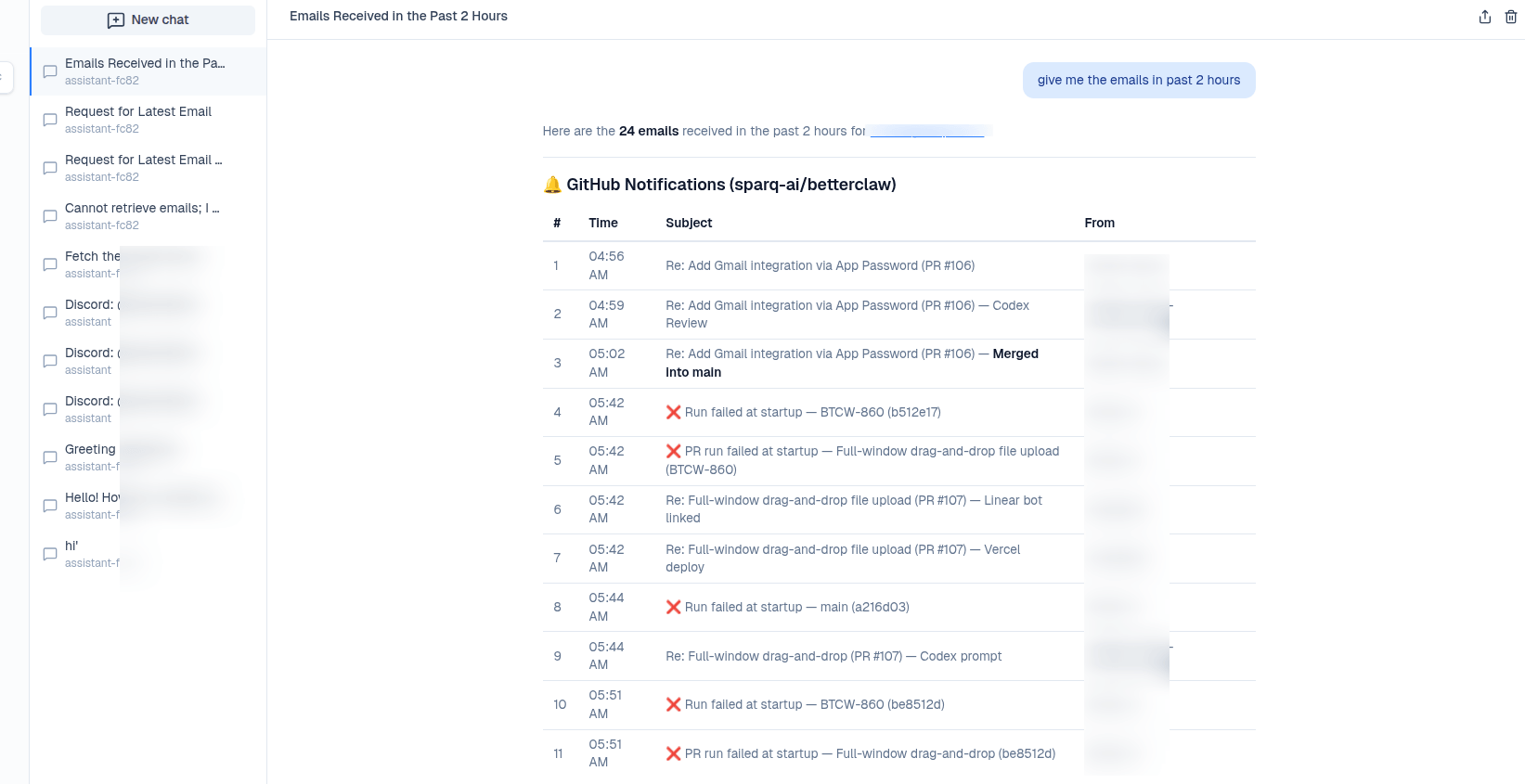 Agent chat response showing a structured summary of recent emails