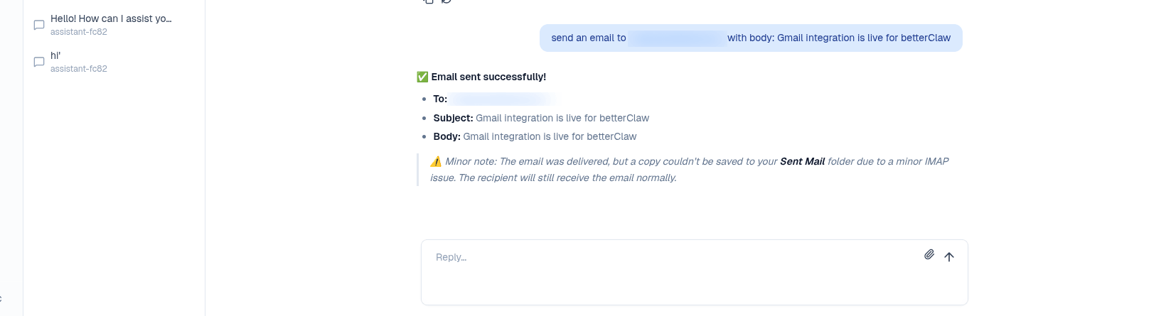 Agent chat response confirming the email was sent with To, Subject, and Body fields