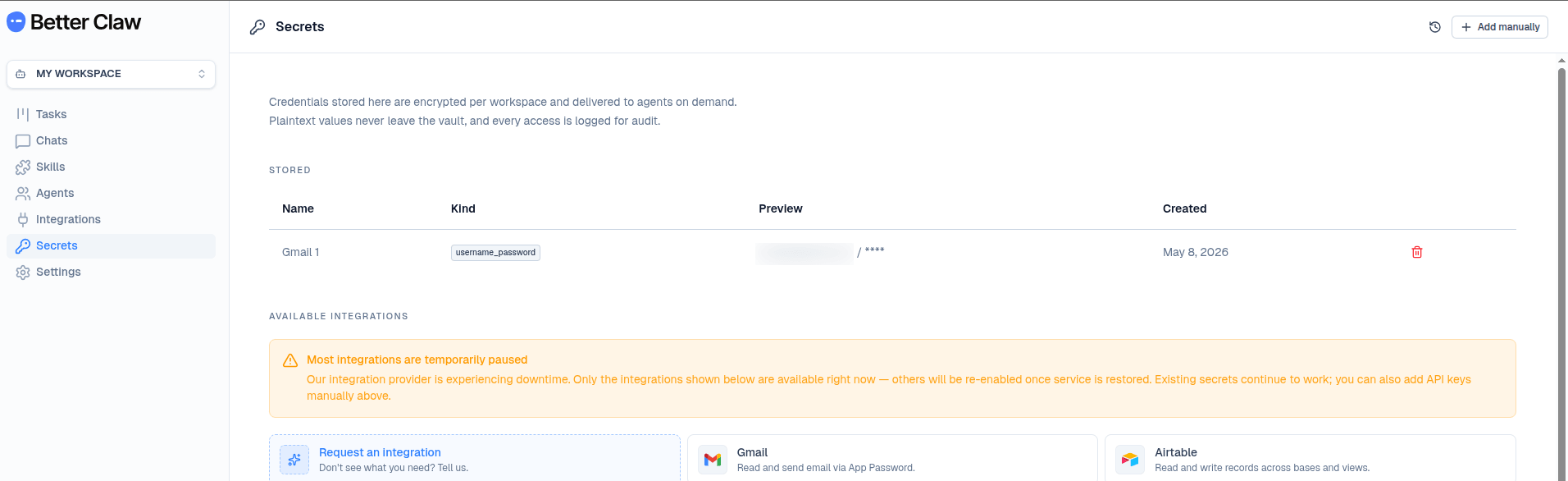 BetterClaw vault showing the saved Gmail credential entry