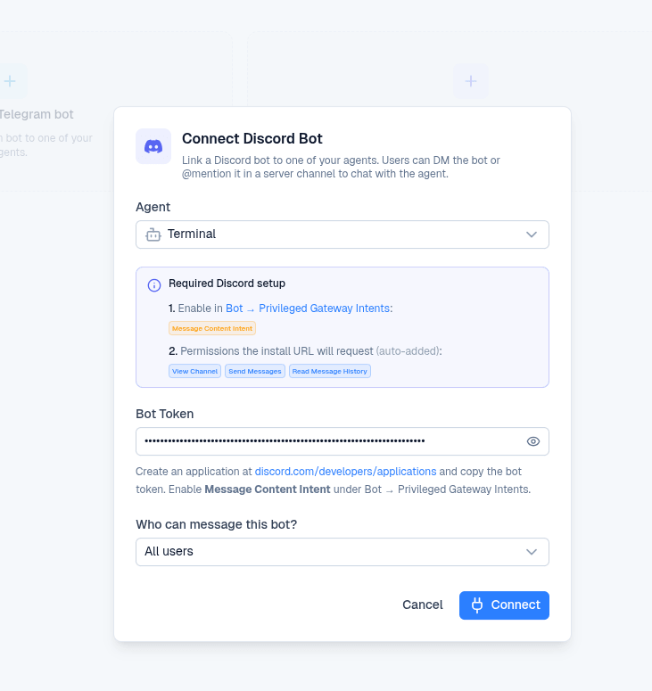Connect Discord Bot modal in BetterClaw with Agent, Bot Token, and access policy fields