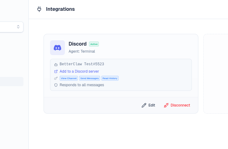 Active Discord integration card on the BetterClaw Integrations page showing agent, bot username, permissions, and Add to a Discord server link