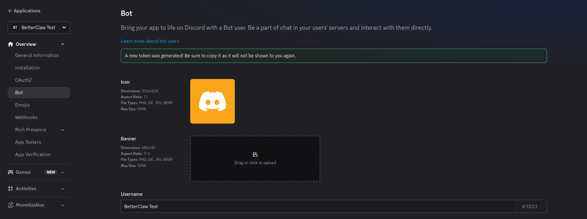 Discord Developer Portal General Information page for uploading an App Icon, description, and banner