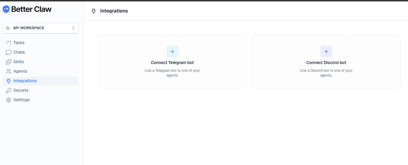 BetterClaw Integrations page with Connect Telegram bot and Connect Discord bot cards