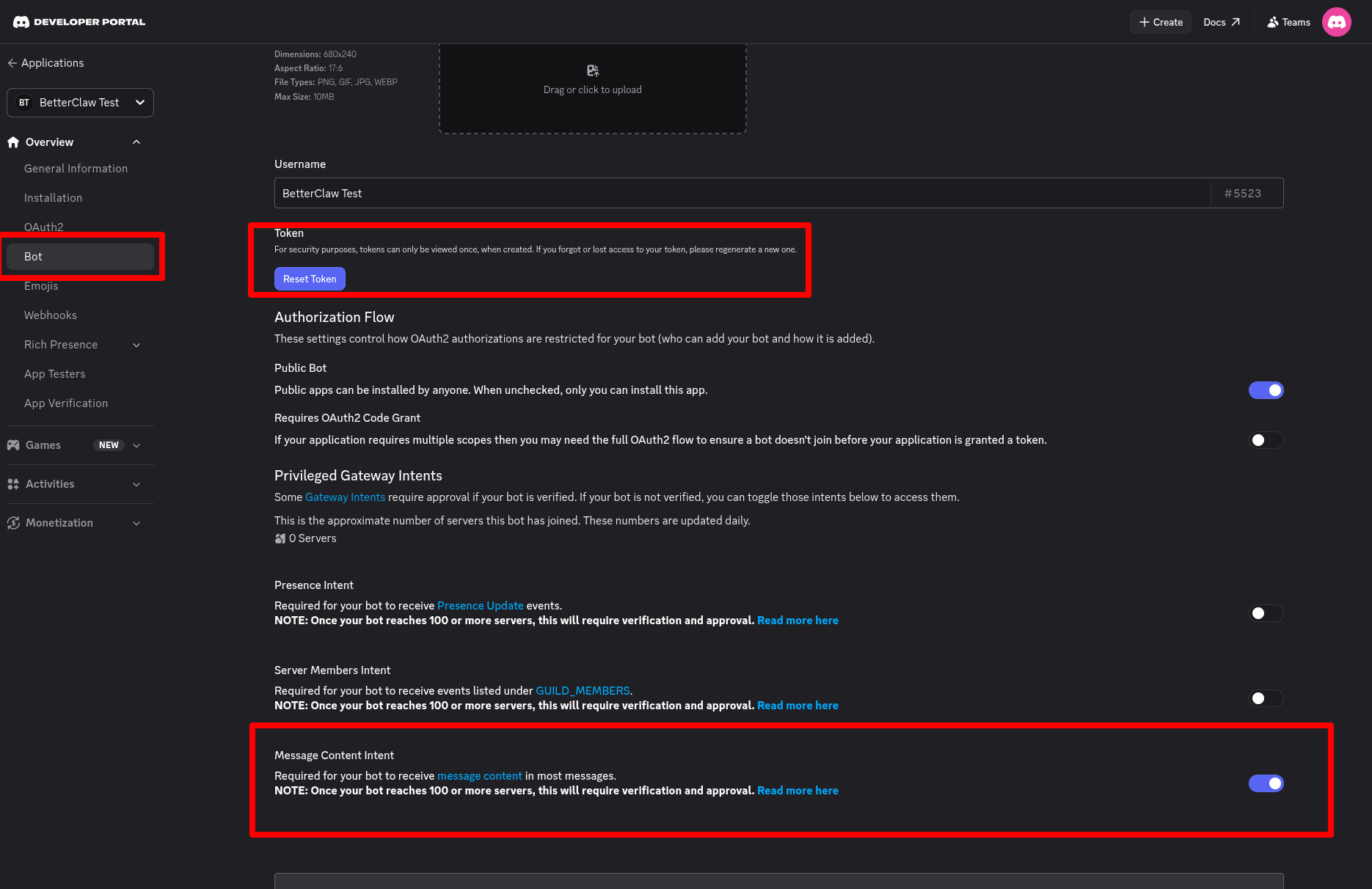 Privileged Gateway Intents section with Message Content Intent toggled on