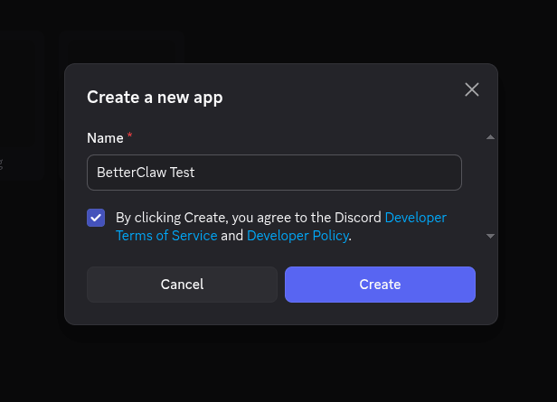 Create application dialog asking for a name and Terms of Service agreement