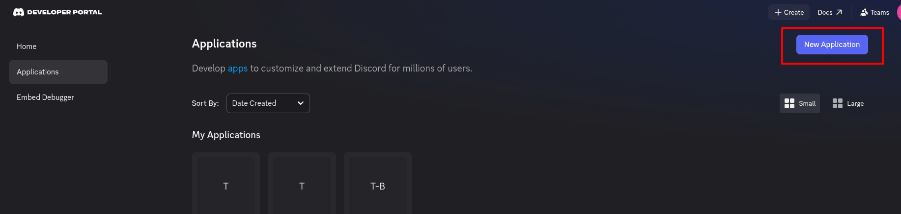 Discord Developer Portal applications page with the New Application button highlighted
