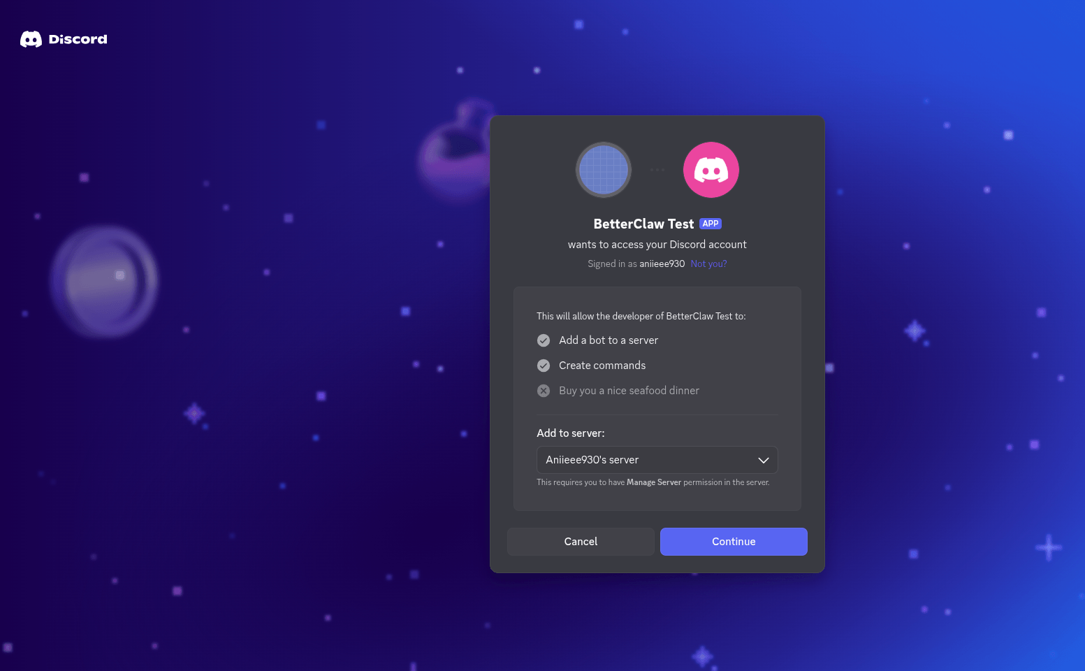 Discord OAuth screen for picking a server from the dropdown to add the bot to