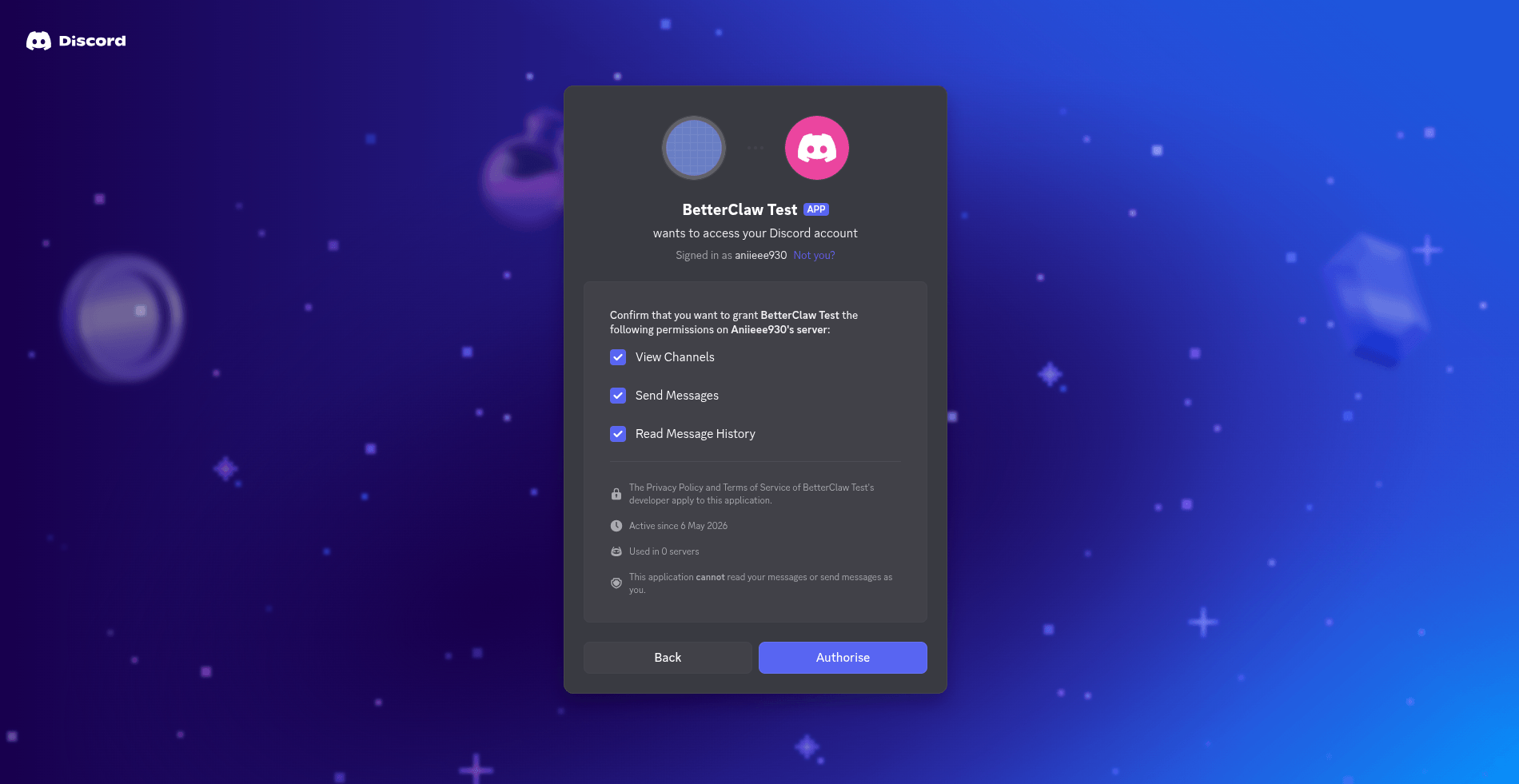 Discord OAuth permissions confirmation with View Channels, Send Messages, and Read Message History checked, plus the Authorize button