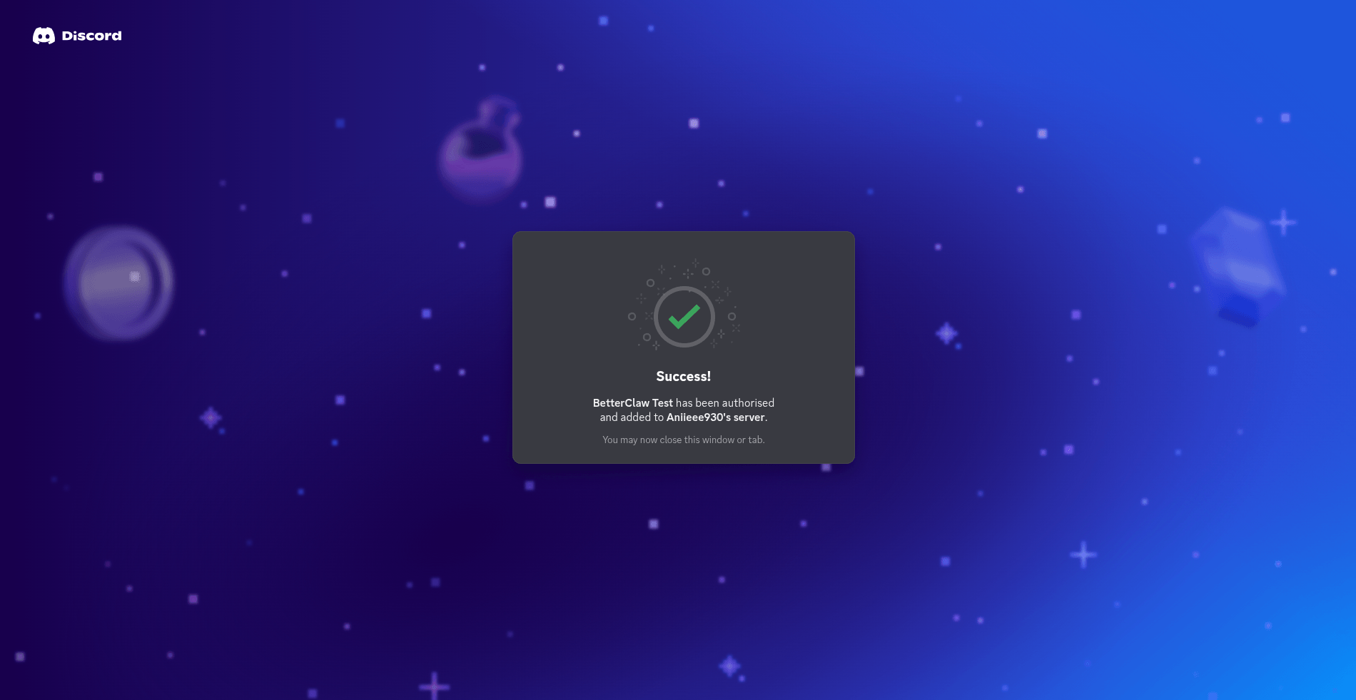 Discord authorization success confirmation page