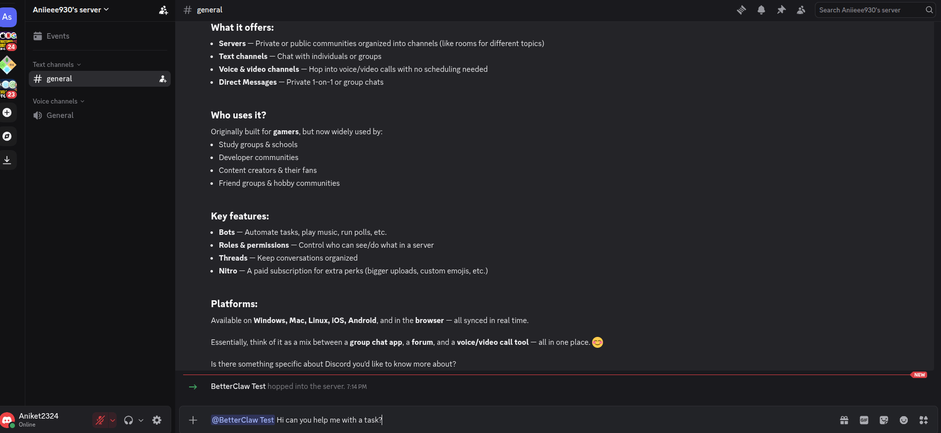 Discord channel showing a test @-mention to the bot and the agent's reply