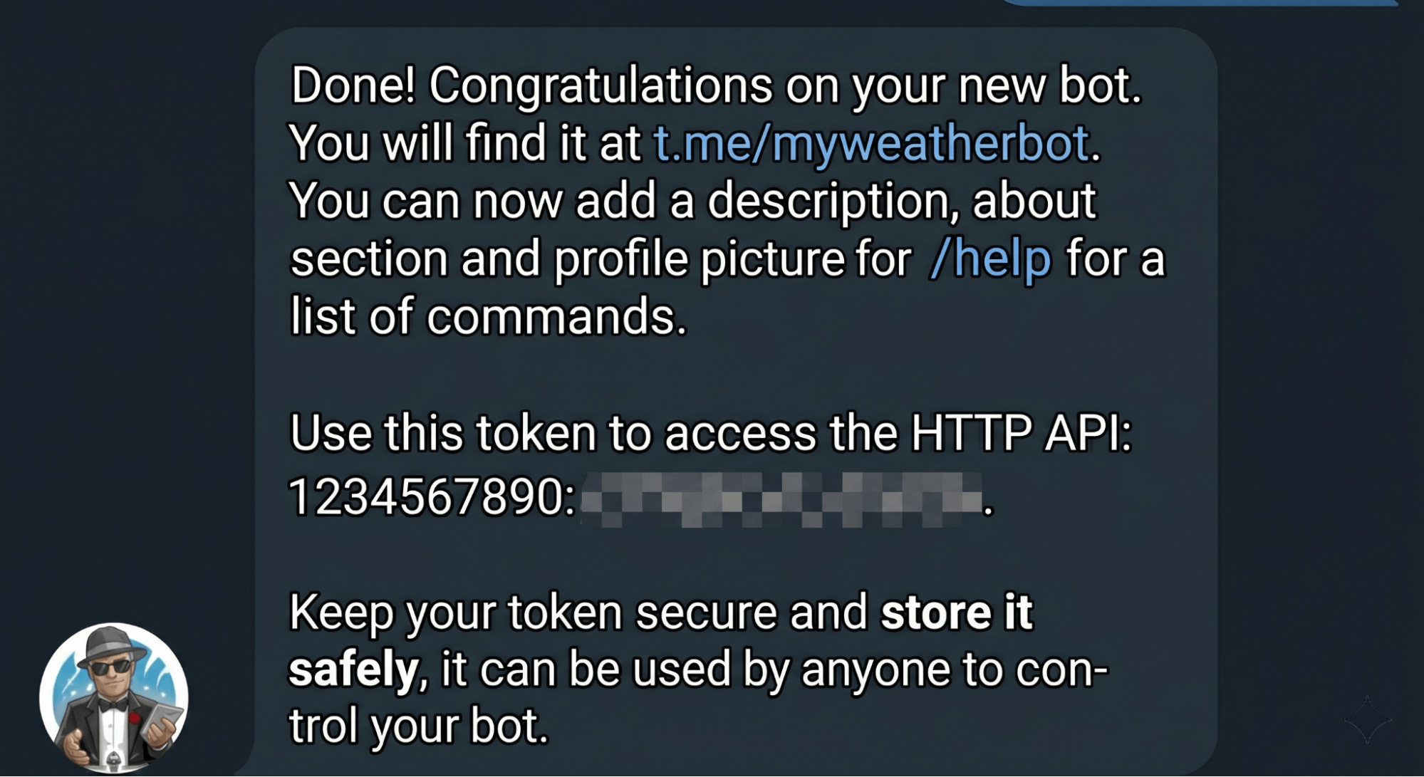 BotFather success message containing the new bot's HTTP API token